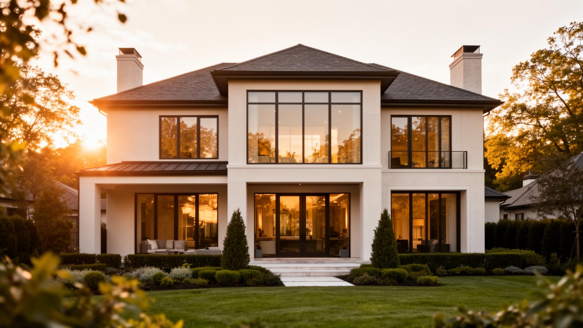 Upscale Indiana home exterior at golden hour with pristine windows